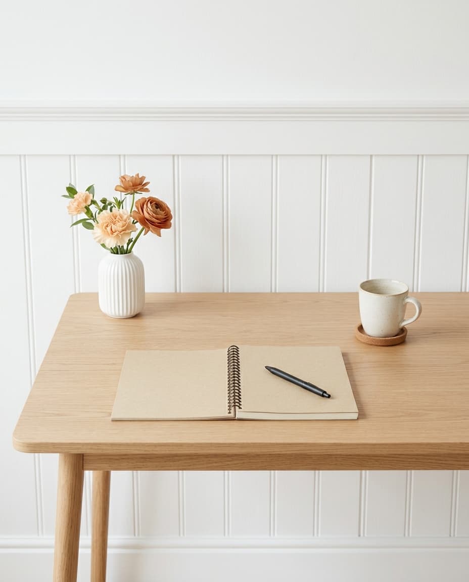 An open notebook, a coffee cup, and a small vase of copper flowers on a light wood desk against a white paneled wall