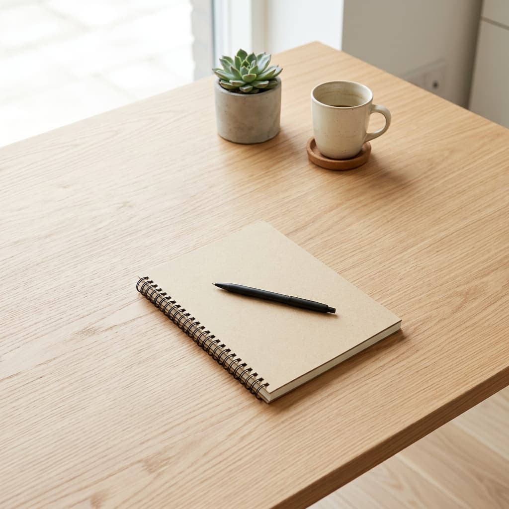The same desk, calm and resolved: one notebook, a pen, a plant, and a coffee on a clear surface