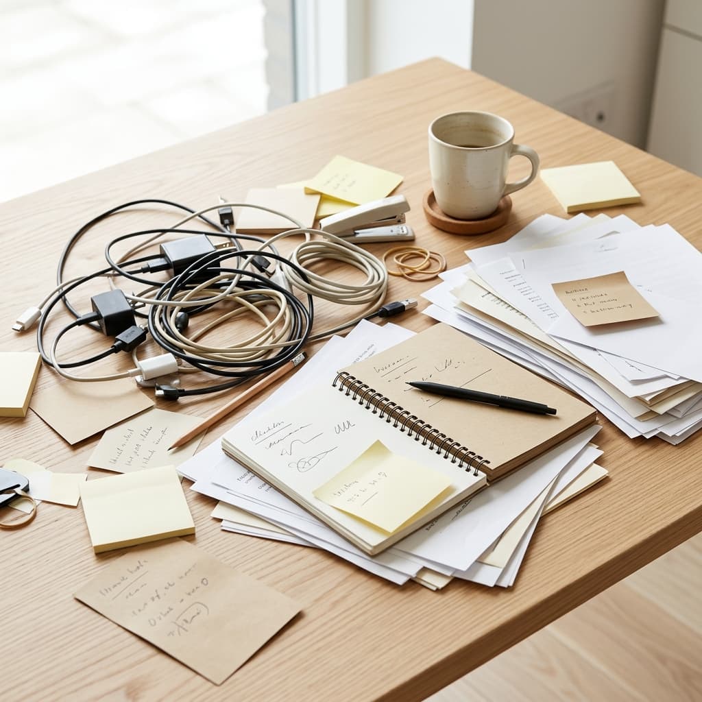 A cluttered desk: tangled cables, scattered paper, sticky notes, and an overflowing notebook