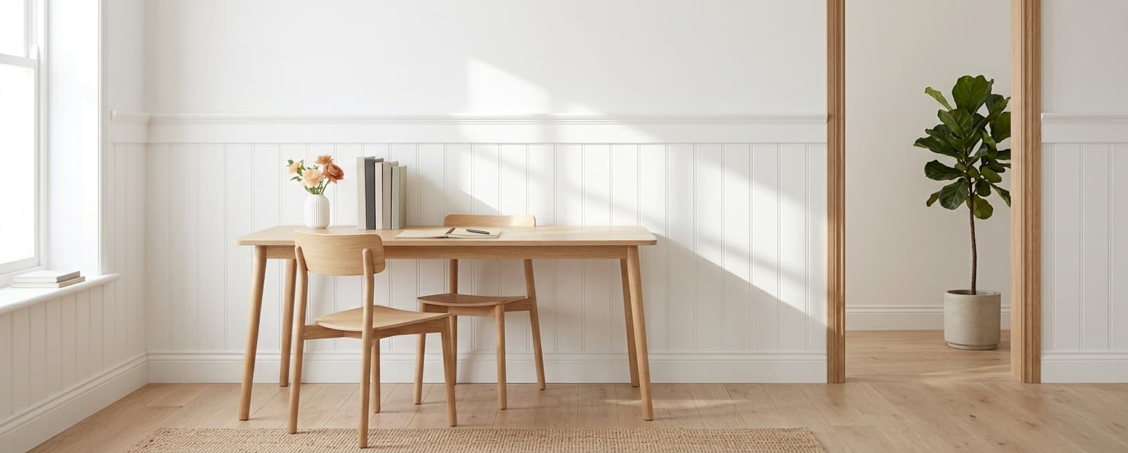 A bright, minimal workspace: a light wood desk and two chairs against a white paneled wall